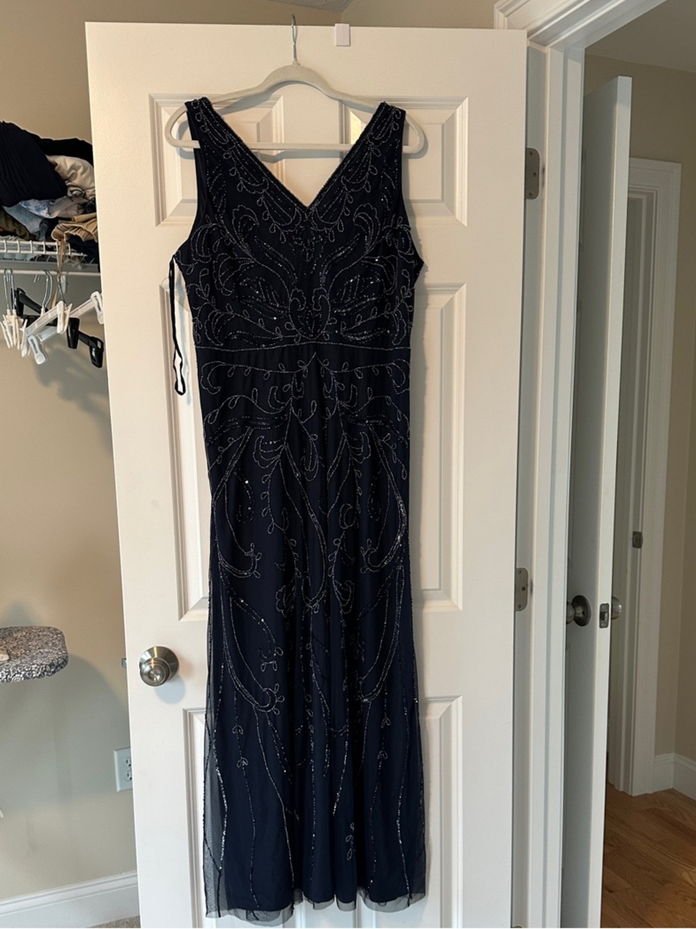 Adrianna Papell Navy Beaded V‑Neck Formal Gown